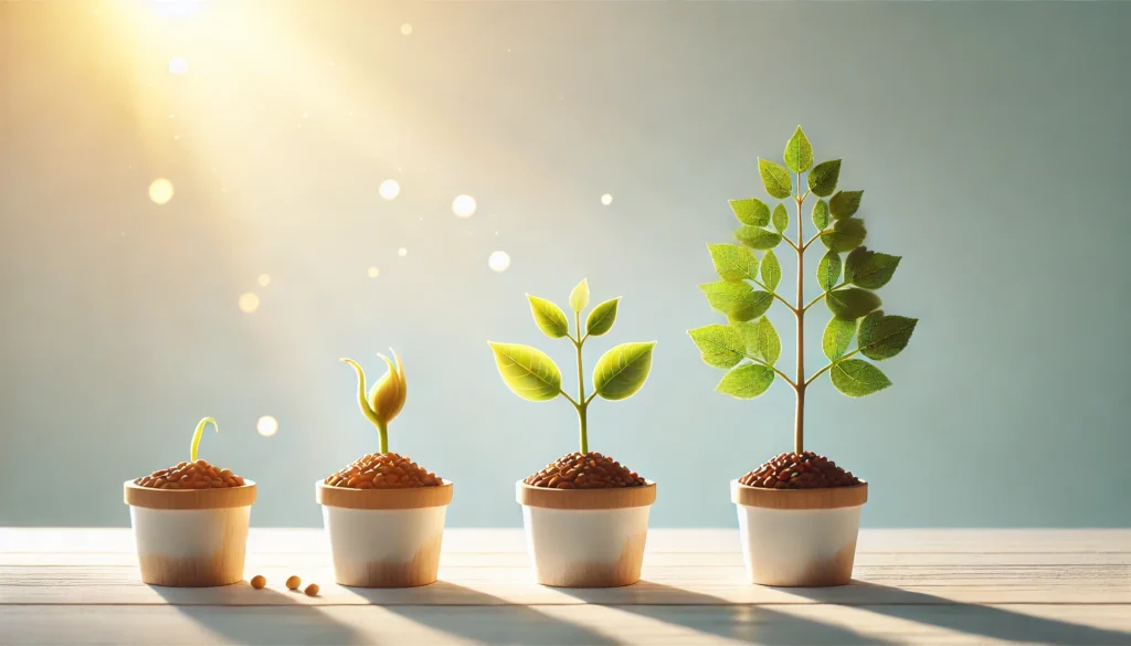 A plant growing in stages from seedling to full bloom