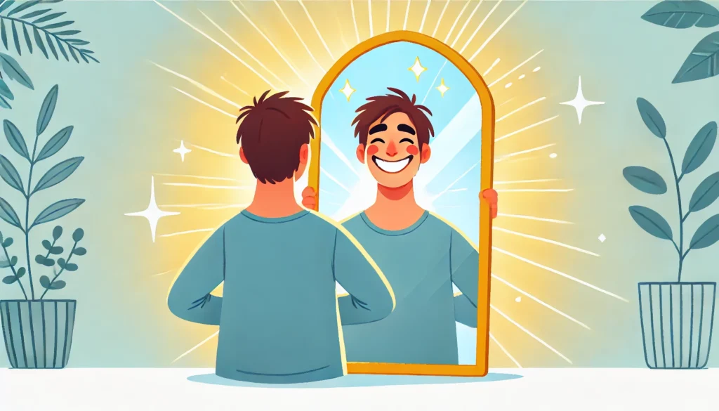 A person confidently smiling at themselves in a mirror