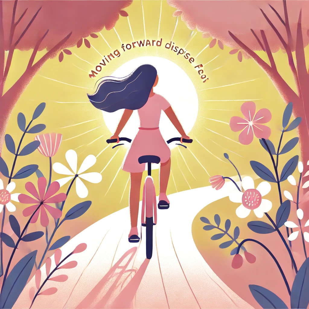 A woman confidently riding a bike down a sunny path, symbolizing moving forward despite fear.