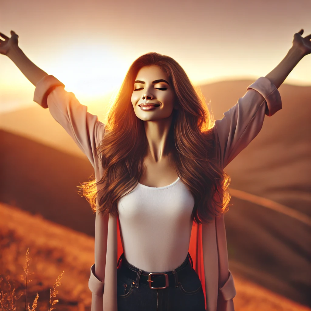 A soft-lit portrait of Jean Case or a symbolic image of a woman standing atop a hill with arms wide open, celebrating success.