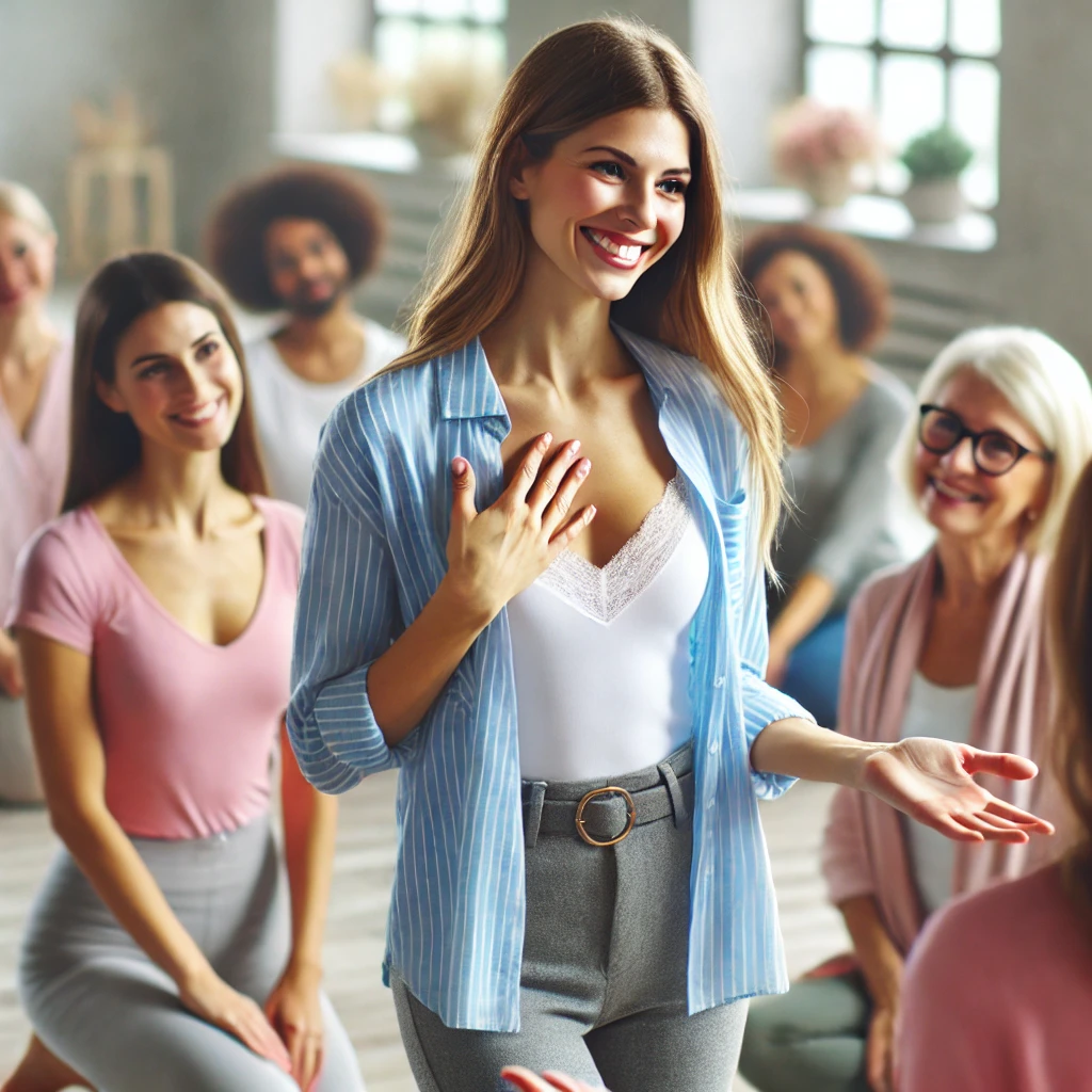 A woman confidently interacting with a new group or joining a class, emphasizing connection and growth.