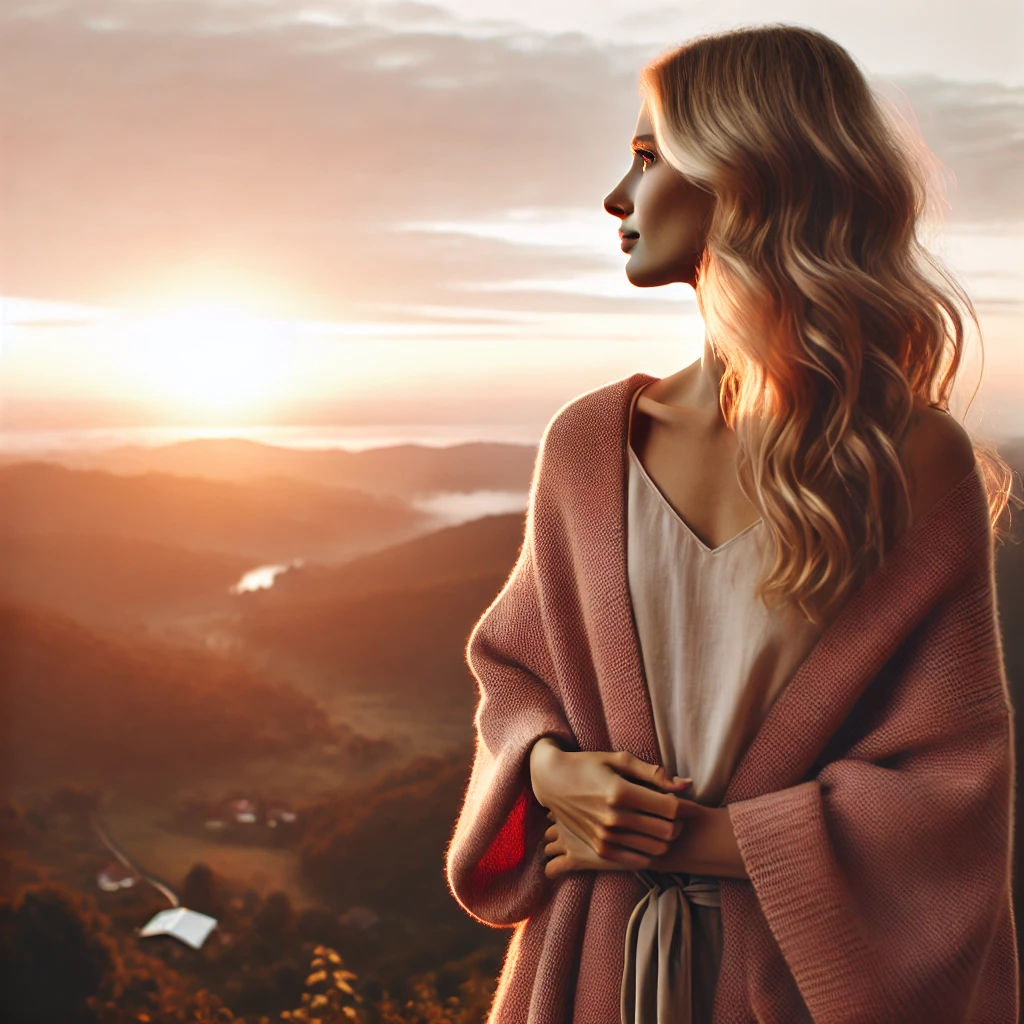 A hopeful image of a woman looking at the sunrise or walking confidently toward the horizon.