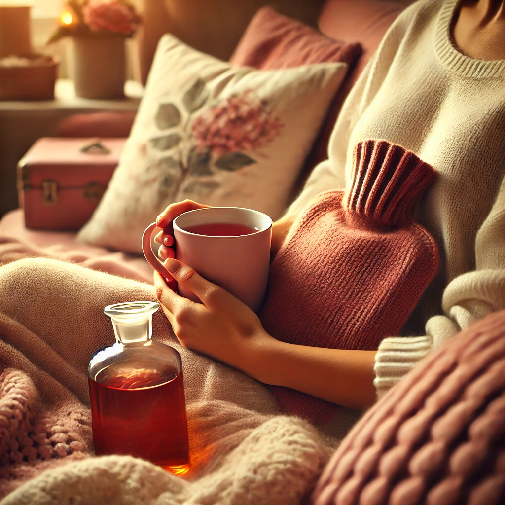 A comforting moment of self-care with a hot water bottle and tea during menstrual discomfort.