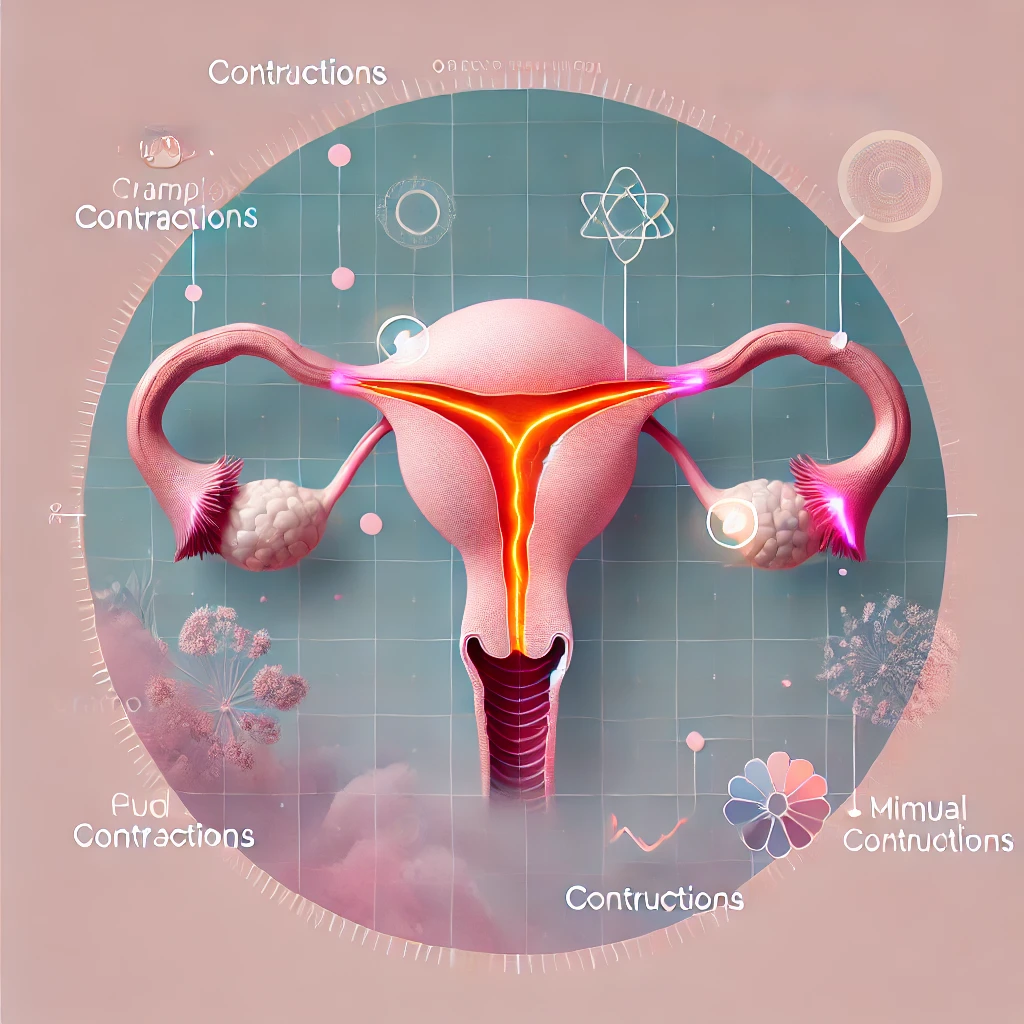 A conceptual illustration of the uterus highlighting areas affected by cramps or contractions, in soothing feminine tones.