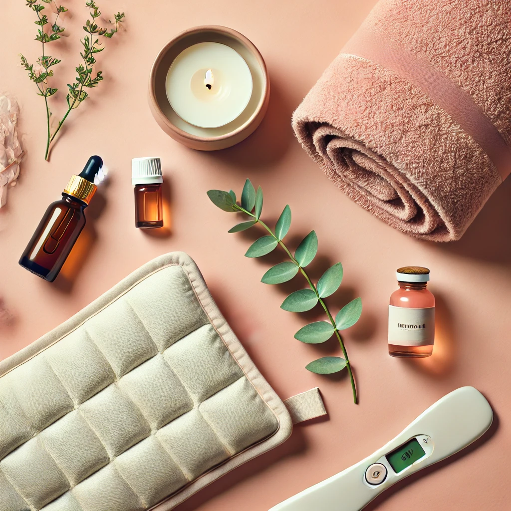 A flat lay of soothing self-care items, including a heating pad, essential oils, and herbal teas, perfect for relaxing during menstrual pain.