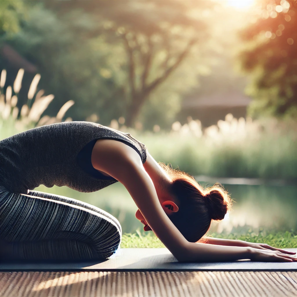 A serene scene of a woman practicing yoga, performing Child’s Pose to ease menstrual discomfort and promote relaxation.