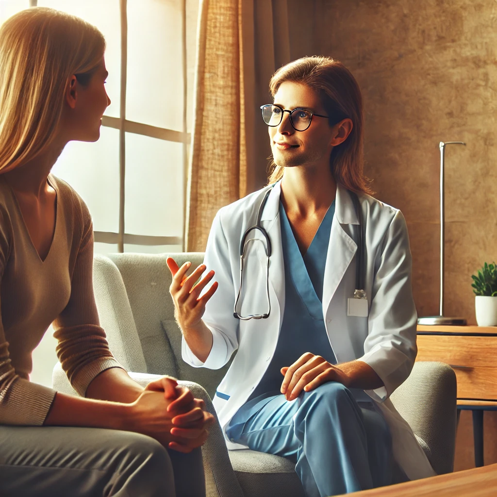 A professional healthcare provider offering reassurance and guidance to a patient in a warm, inviting clinic environment.