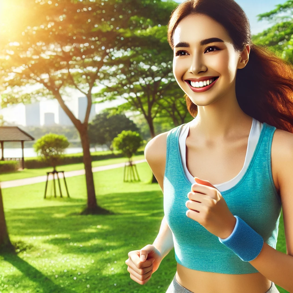 A vibrant scene of a woman jogging in a park, radiating health and positivity, symbolizing an active lifestyle for better menstrual health.