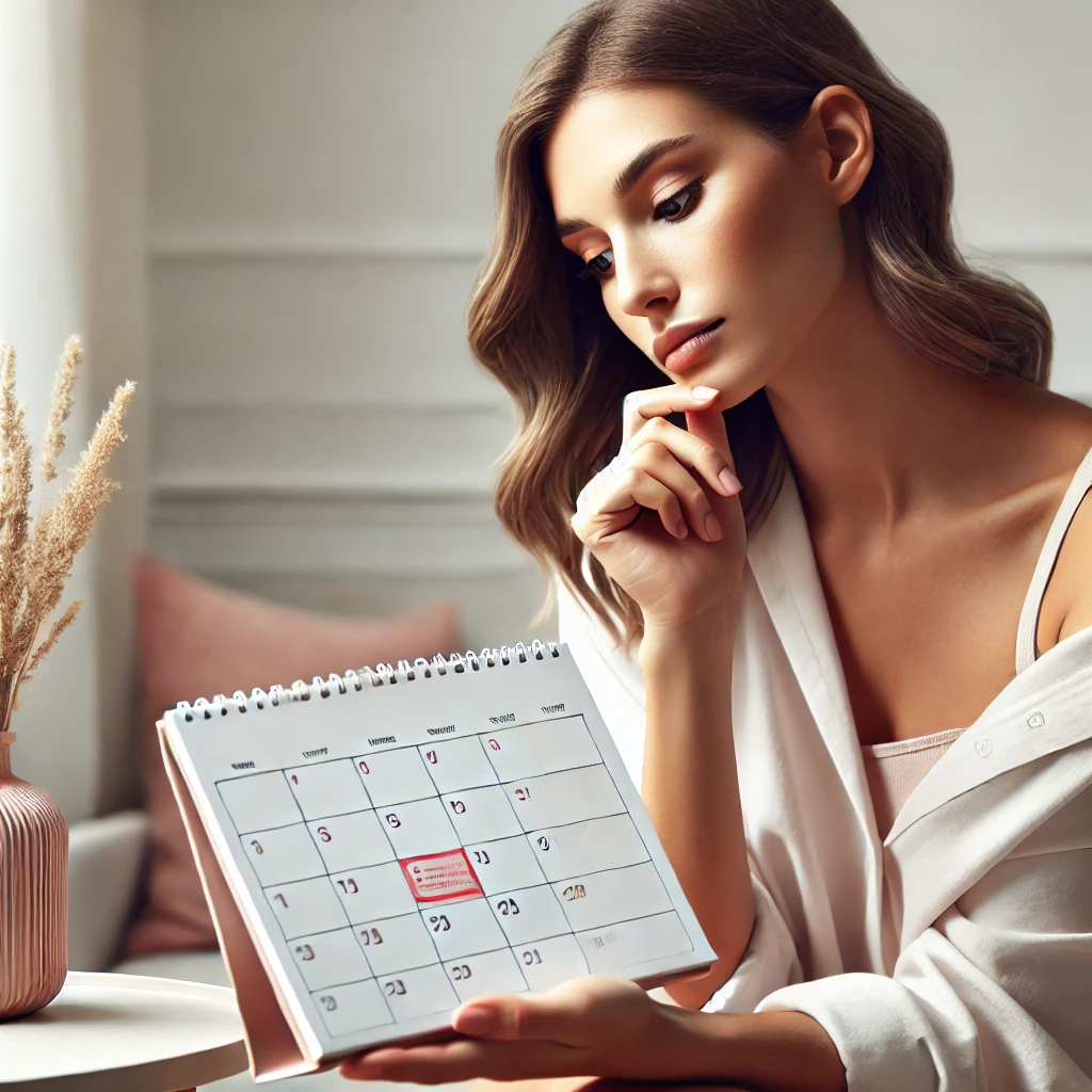  A thoughtful woman reviewing her calendar, symbolizing the importance of tracking menstrual cycles and symptoms.