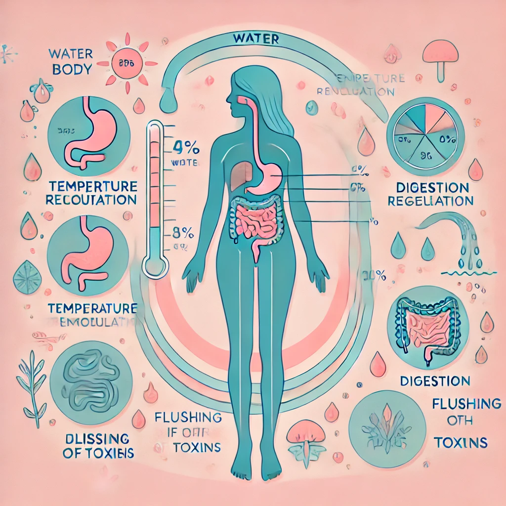 An infographic highlighting the percentage of water in the human body and its essential functions, designed with a feminine touch.