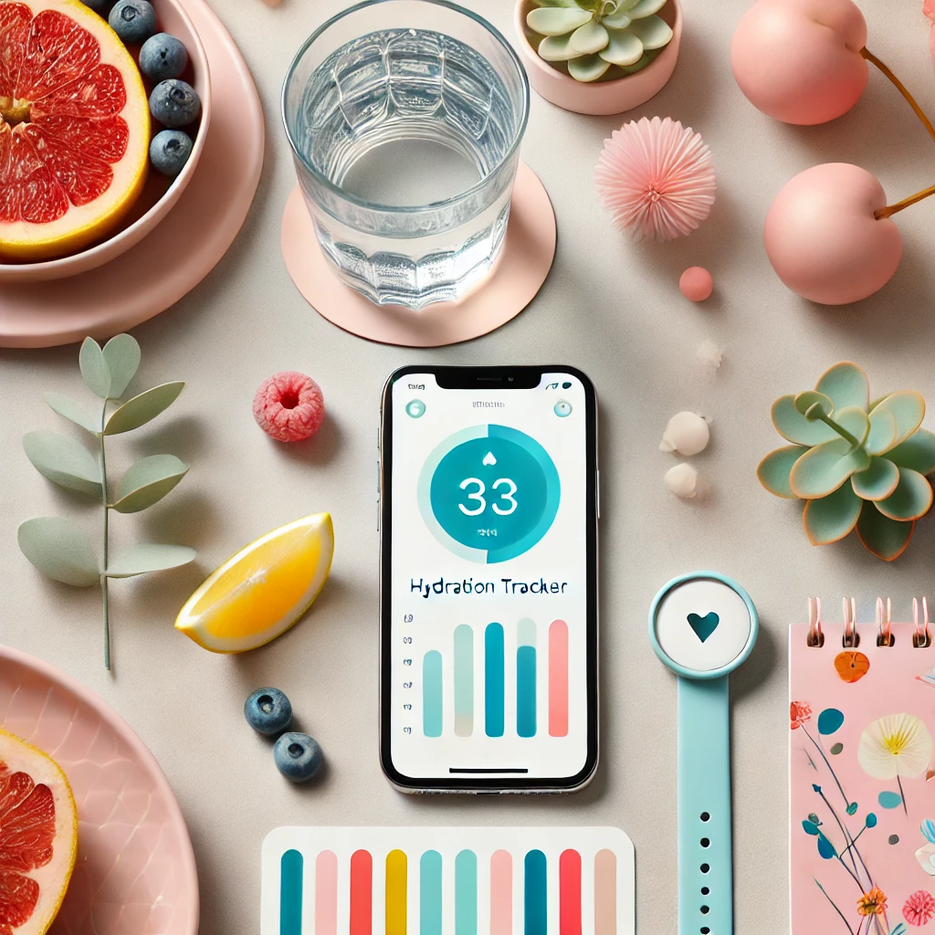 A flat-lay of a hydration tracker app and a fruit bowl, perfect for planning daily water intake with a modern and feminine touch.