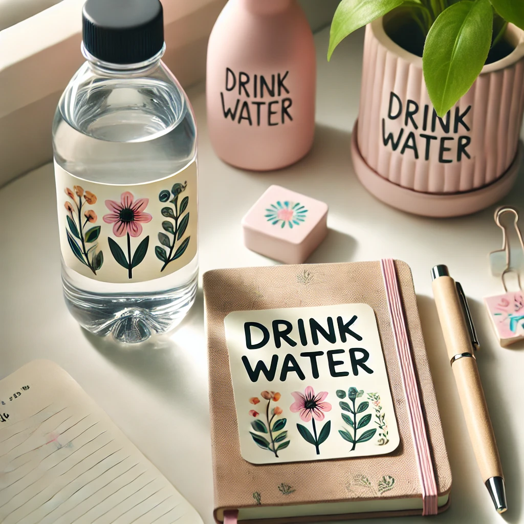 A feminine desk setup with a reusable water bottle and reminders to stay hydrated throughout the day