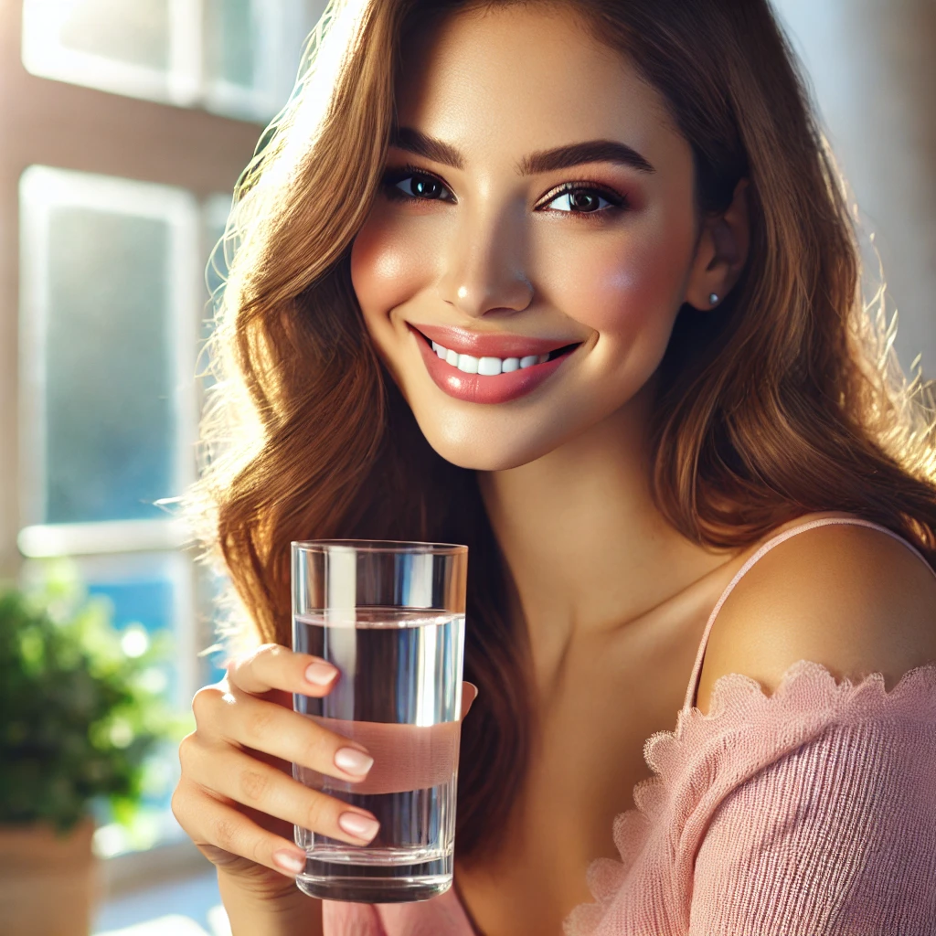 A radiant woman with glowing skin enjoying a refreshing glass of water, showcasing the health benefits of staying hydrated.