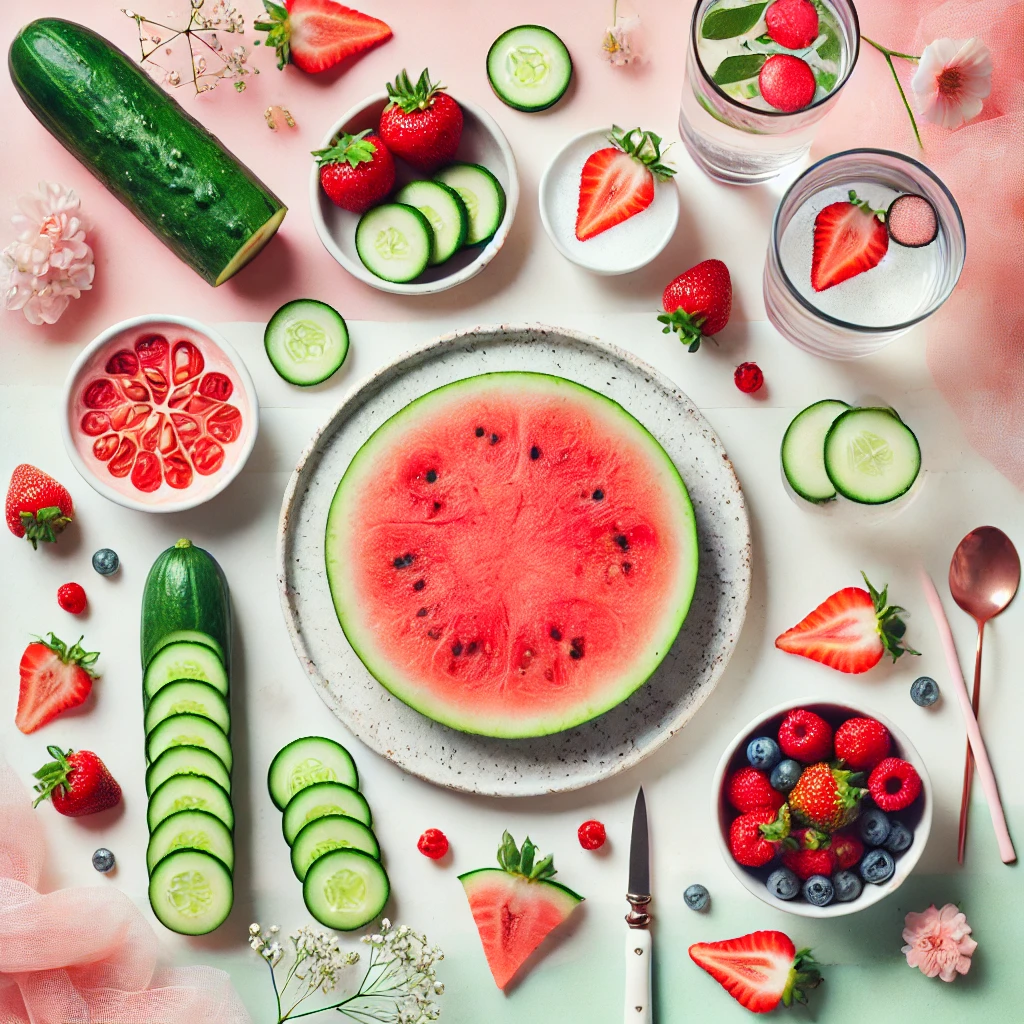 A vibrant flat-lay of water-rich foods like watermelon, cucumber, and strawberries, highlighting their role in staying hydrated.