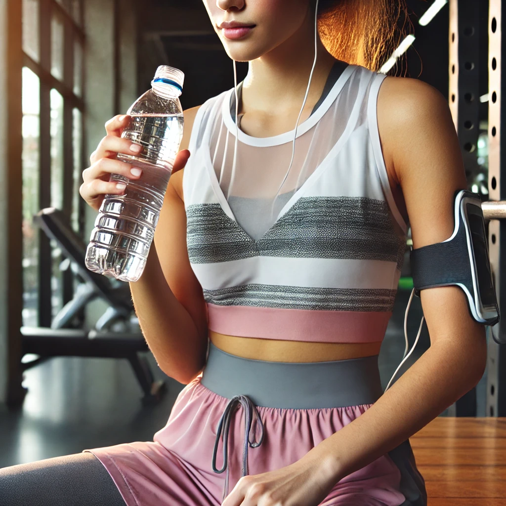 A woman in workout gear taking a well-deserved break at the gym with a water bottle, highlighting hydration during intense exercise