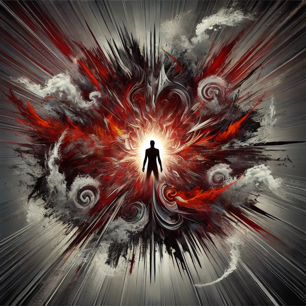 An abstract artwork depicting uncontrolled anger, with a human figure surrounded by jagged red and black streaks radiating outward. Swirling patterns and fractured shapes symbolize chaos and loss of control, set against a dark gray and crimson background. A central light source contrasts with the aggressive elements, emphasizing inner turbulence.