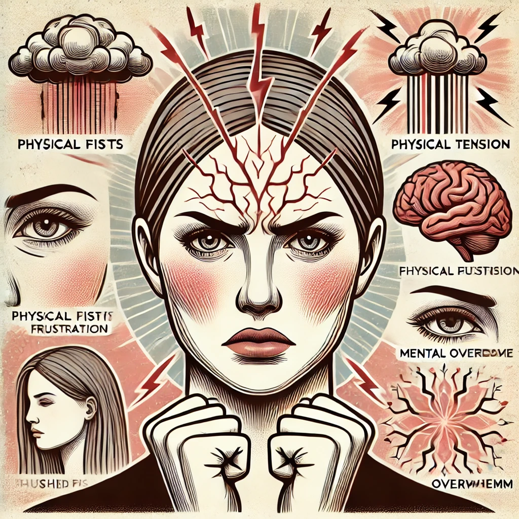 **Alternative Text:**  
An illustration depicting common signs of anger issues with a feminine representation. The central figure features a woman with clenched fists symbolizing physical tension, a flushed face representing frustration, storm clouds above the head indicating mental overwhelm, and cracked lines radiating outward to signify emotional outbursts. The design uses muted tones with red and orange highlights, complemented by subtle floral patterns to balance intensity with softness, creating an informative and relatable visual.