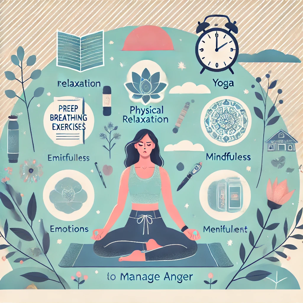 Here is the illustration for techniques to manage anger.

**Alternative Text:**  
An illustration showing a woman practicing deep breathing exercises, surrounded by symbols of anger management techniques: a yoga mat for relaxation, a journal and pen for writing emotions, a peaceful landscape for mindfulness, and a clock for time management. The design features soothing tones of blue and green, with floral and natural patterns in the background, promoting a serene and balanced approach to emotional control.