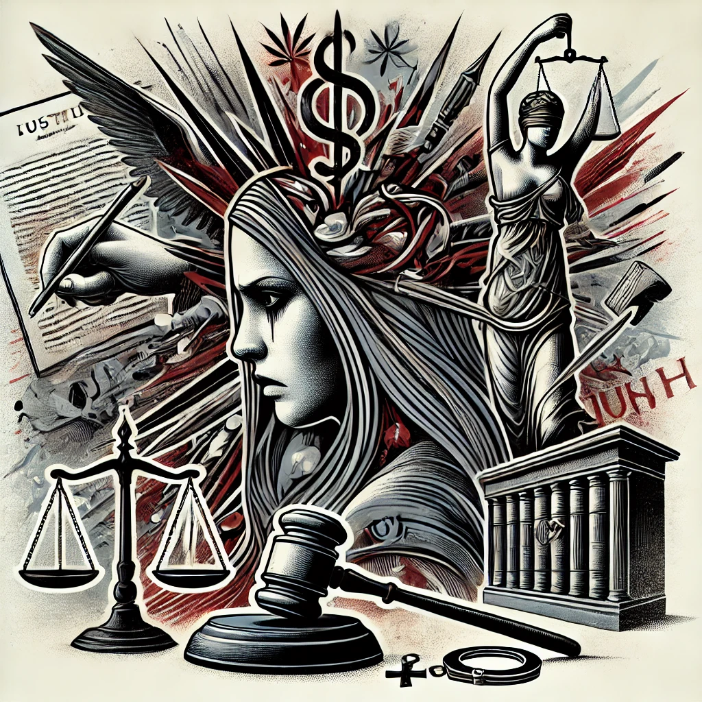 Here is the updated illustration featuring a feminine face to represent the legal consequences of uncontrolled anger.

**Alternative Text:**  
An illustration depicting the legal consequences of uncontrolled anger, featuring a courtroom setting with a visibly angry woman at the center. Surrounding her are symbols like broken scales of justice, a gavel, and handcuffs. The background includes faint images of legal documents and a judge’s bench. Somber tones of gray and dark blue dominate, with red accents highlighting the intensity of anger. The feminine representation emphasizes the theme’s relevance to a broader audience.