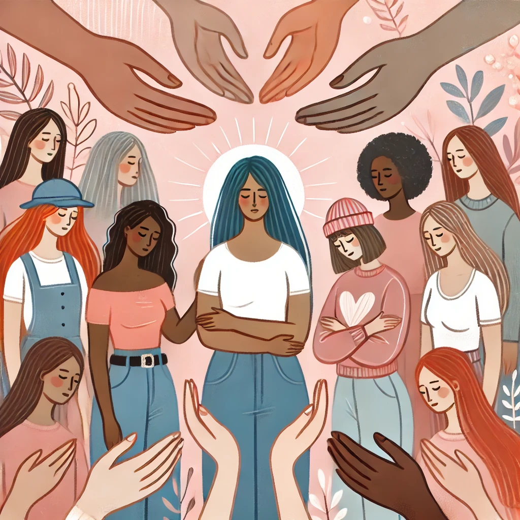 An empathetic illustration featuring diverse women of various ethnicities, surrounded by gentle, supportive hands. The artwork uses pastel tones with a hopeful and empowering feel, symbolizing community and care.