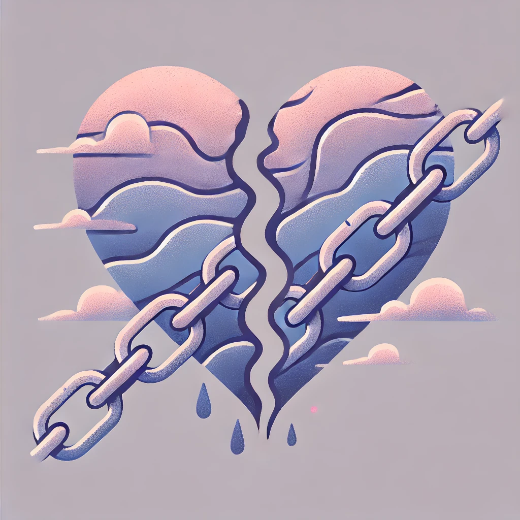 An abstract illustration of a cracked heart with fragmented chains, symbolizing broken trust and control. The design features pastel colors like lavender and soft pink to evoke empathy and reflection.