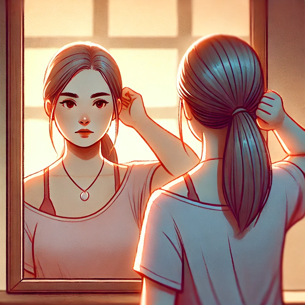 An illustration of a woman looking into a mirror with a determined expression, symbolizing self-awareness in an abusive relationship. The background features warm sunlight filtering through, creating a hopeful and supportive ambiance.