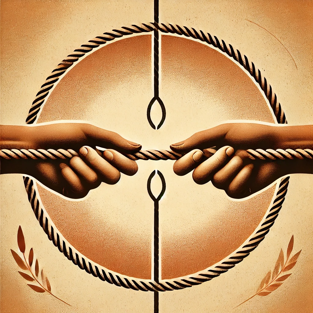 A symbolic image showing two hands pulling a rope in opposite directions, representing conflict and control in intimate partner violence. The background features warm neutral tones for a thoughtful depiction.