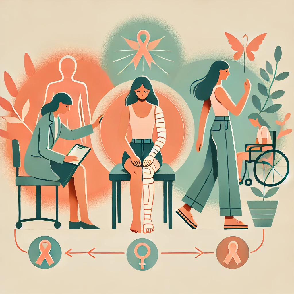 An interconnected series of images showing a woman experiencing physical pain, sitting with a therapist, and walking away confidently, symbolizing the impacts and recovery from domestic violence. The design uses uplifting pastel colors like peach and soft green.