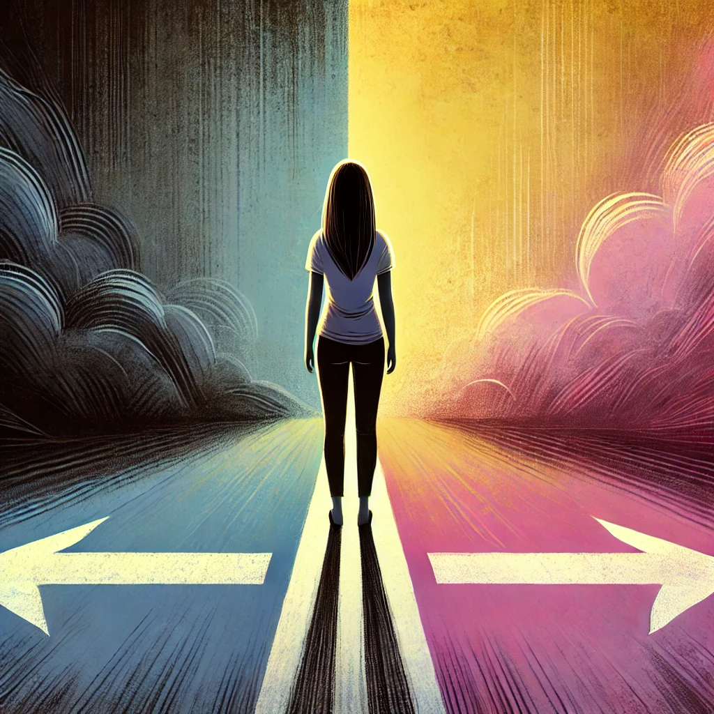 An image of a woman standing at a forked path, one side dark and shadowed, the other brightly lit with soft pastel colors like pink and yellow, symbolizing the barriers and possibilities in leaving an abusive relationship.