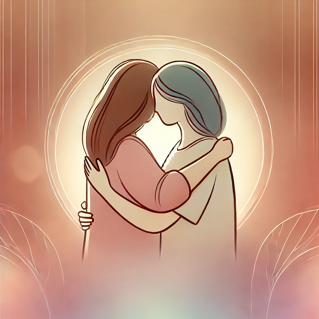 An illustration of two women embracing in a supportive and understanding manner, symbolizing compassion and care. The background features soft pastel tones, creating a nurturing and feminine ambiance.