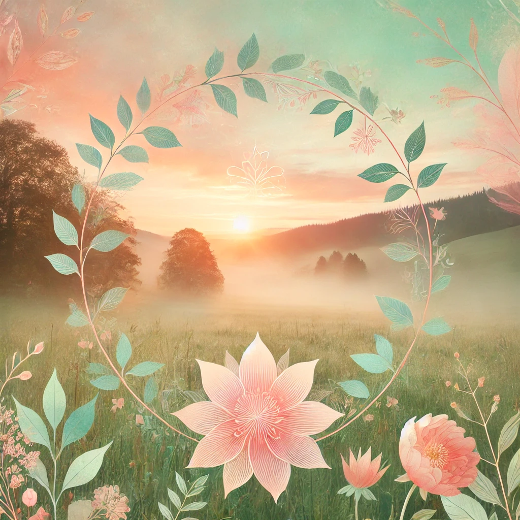 A serene and hopeful landscape of a sunrise over a peaceful meadow, symbolizing new beginnings and healing. The image features soft floral overlays and pastel colors like pink, peach, and light green for a feminine touch.