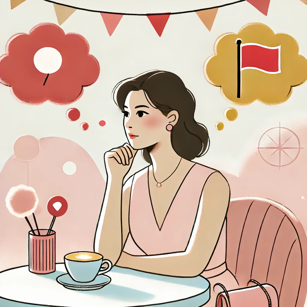 An illustration of a woman sitting thoughtfully at a café table, with thought bubbles displaying red and yellow flags, in a soft, feminine pastel color palette.