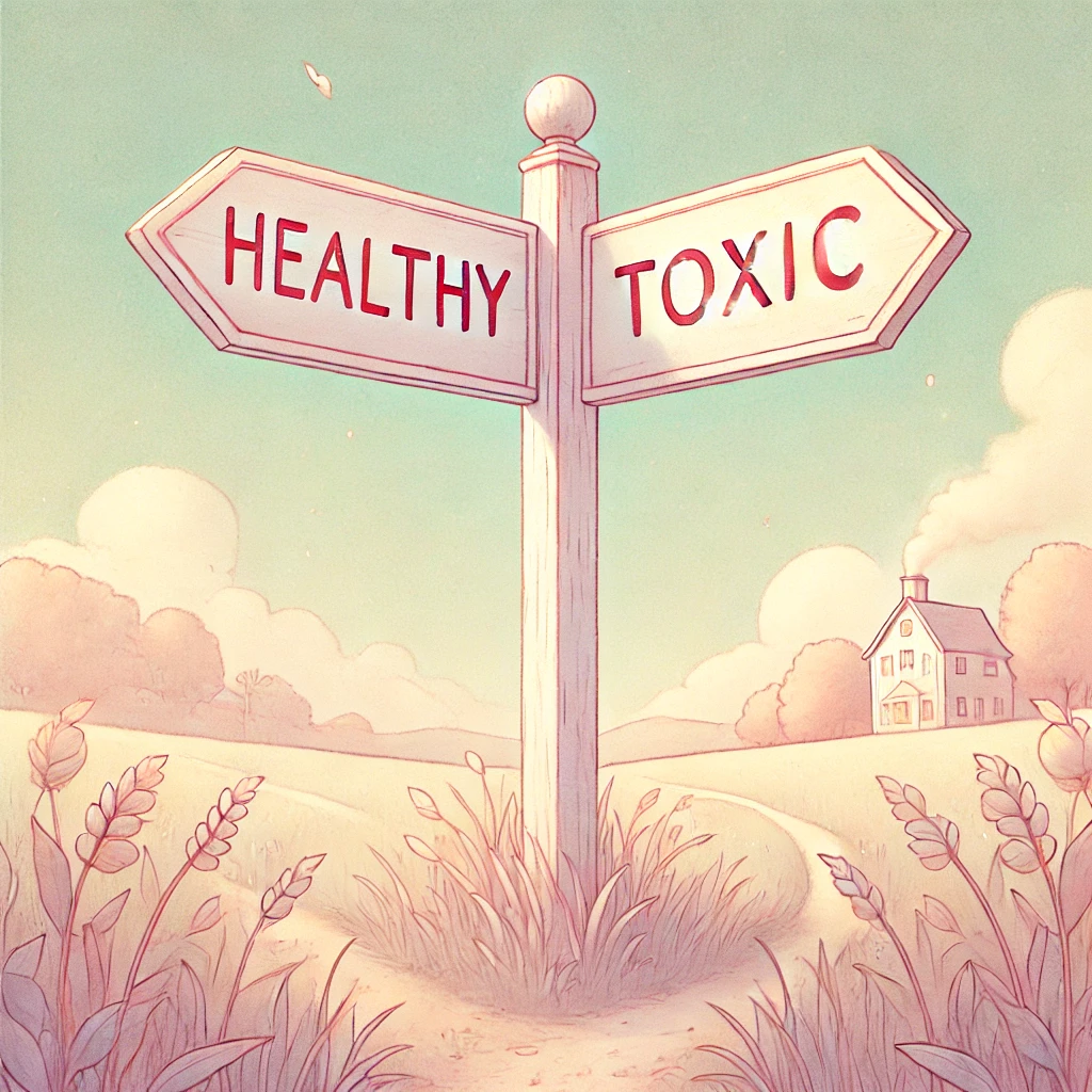 A symbolic image of a crossroads with two signs: one marked "Healthy" and the other marked "Toxic," set in a dreamy and feminine countryside with soft pastel tones.