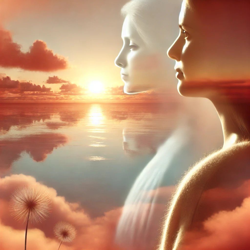 A serene image of a woman looking out over a sunset, symbolizing reflection and growth, with warm, soft colors and a peaceful feminine atmosphere.