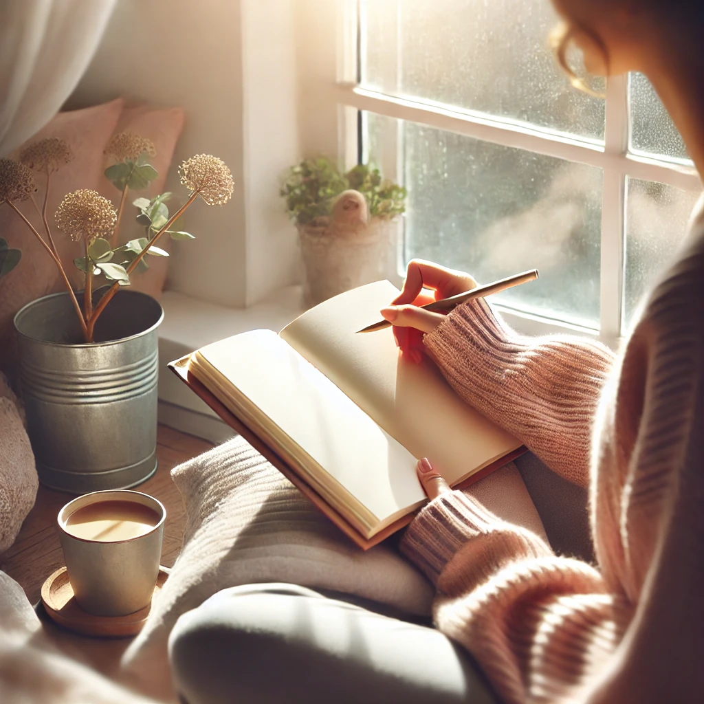 A calming photo of a woman journaling by a window, with sunlight streaming in, creating a cozy and reflective atmosphere in soft, feminine tones.