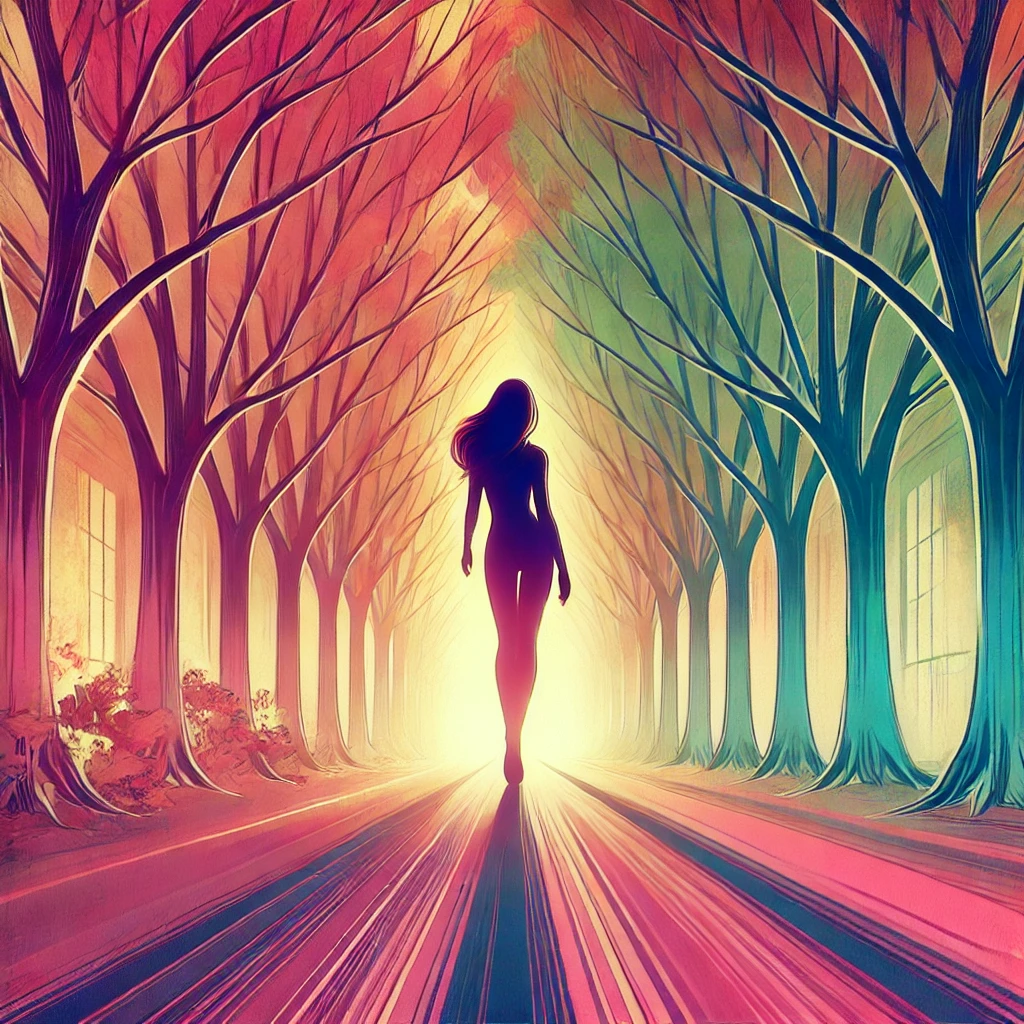 A powerful image of a woman walking confidently away on a path lined with trees, symbolizing moving forward, with vibrant yet soft colors for a feminine appeal.