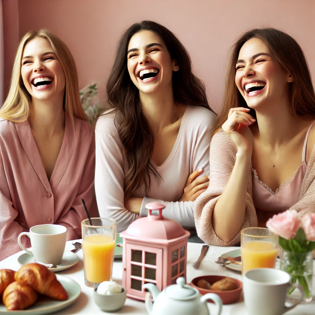 A joyful photo of a group of women laughing together at a casual brunch, with a warm and inviting atmosphere in soft feminine tones.