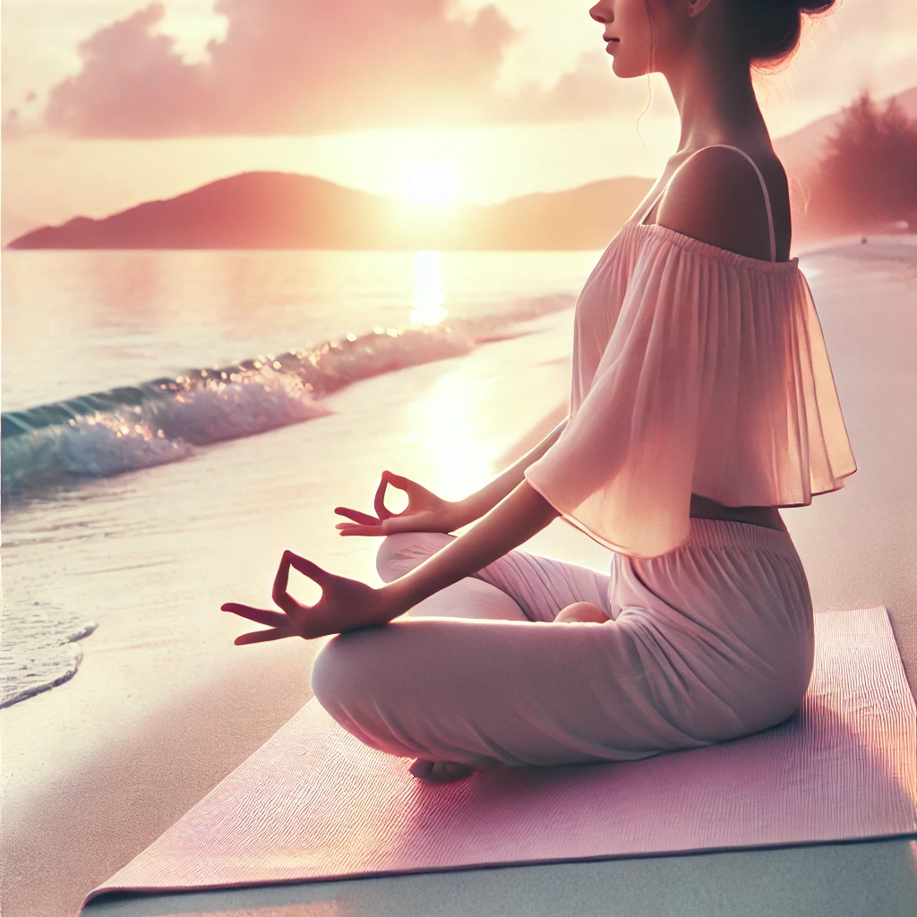 A peaceful image of a woman practicing yoga on a beach during sunrise, symbolizing healing and renewal, in soft and feminine pastel tones.