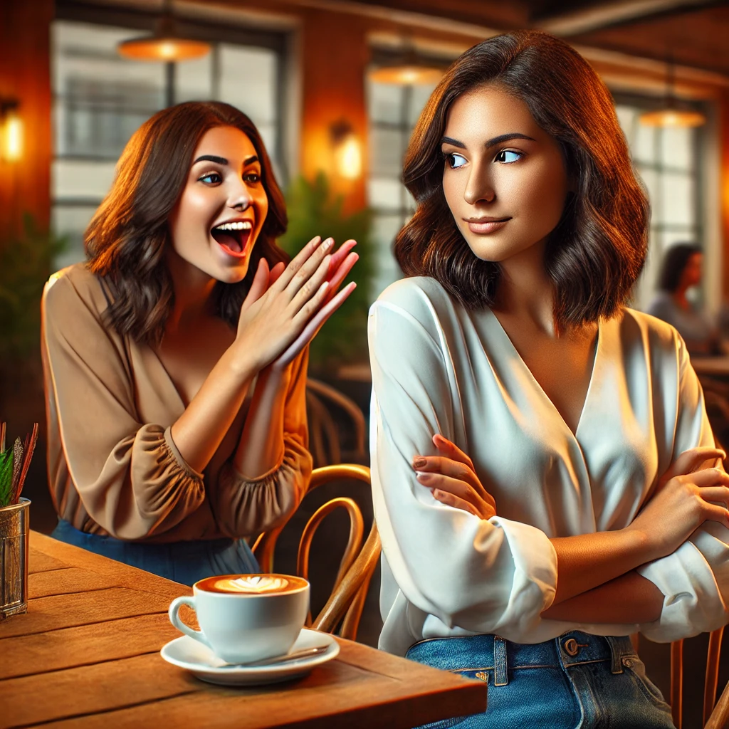 Two women sitting at a cafe table. One is excitedly sharing good news, while the other looks disinterested and competitive, crossing her arms with a subtle smirk. The warm, modern cafe setting highlights the subtle tension in the interaction.