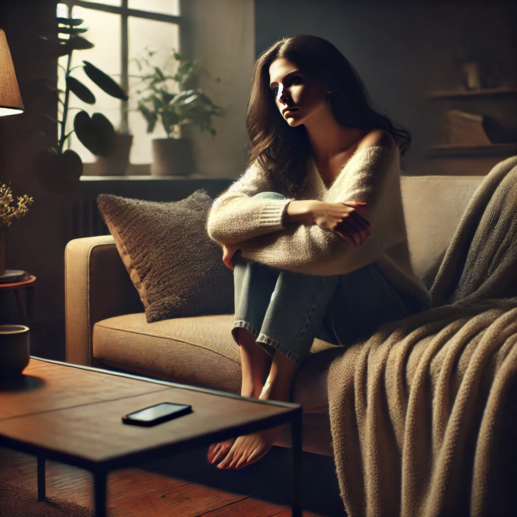 A woman sits alone on a couch in a dimly lit living room, looking sad and reflective. The cozy room, with soft blankets and cushions, contrasts her emotional state. A phone with unread messages on the coffee table symbolizes isolation and the pain of fake friendships.