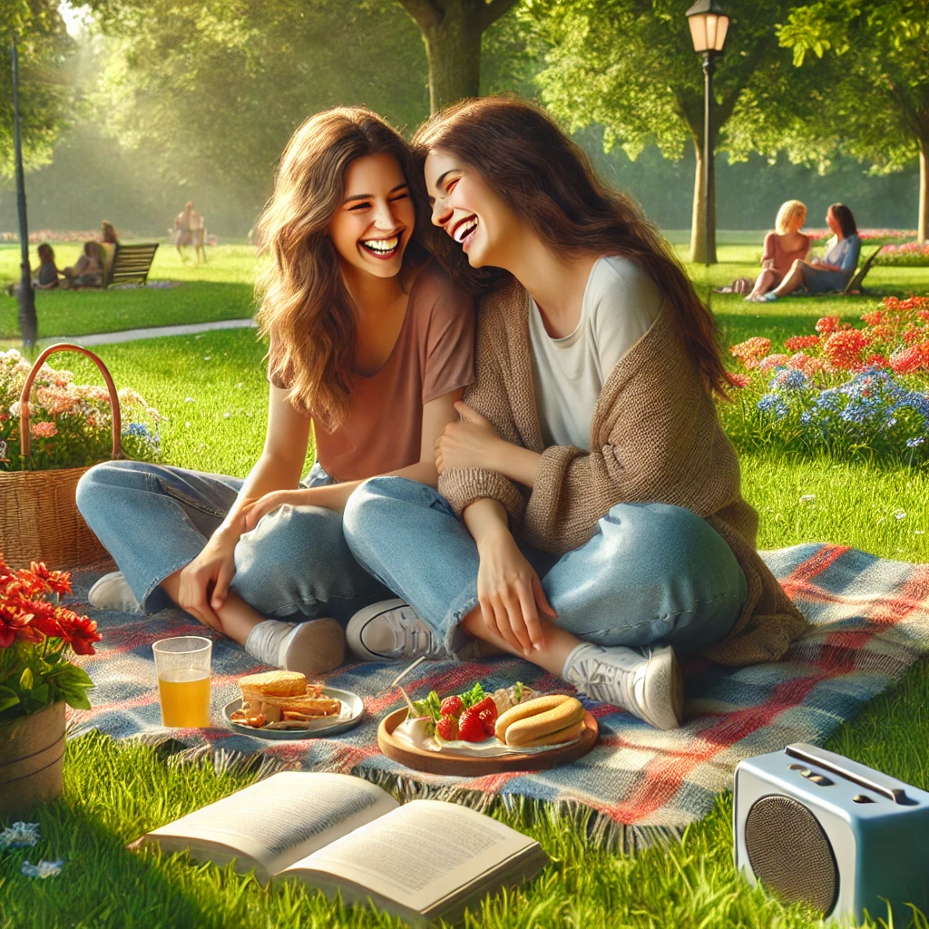 Two women sit together on a picnic blanket in a sunny park, laughing and enjoying snacks and drinks. The park features lush green grass, colorful flowers, and trees in the background. An open book and a small speaker add to the joyful and relaxed atmosphere, symbolizing genuine friendship.