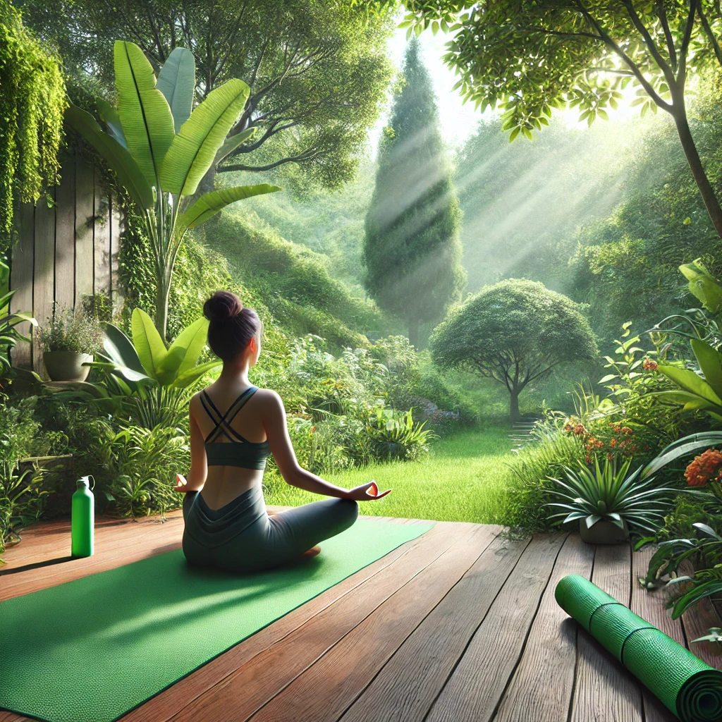 A woman practicing yoga outdoors on a wooden deck surrounded by vibrant greenery, including lush trees, grass, and plants. She sits in a meditative pose on a green yoga mat, with sunlight streaming softly through the leaves. The tranquil setting, enhanced by calming details like a water bottle and flowers, symbolizes mindfulness and emotional resilience.