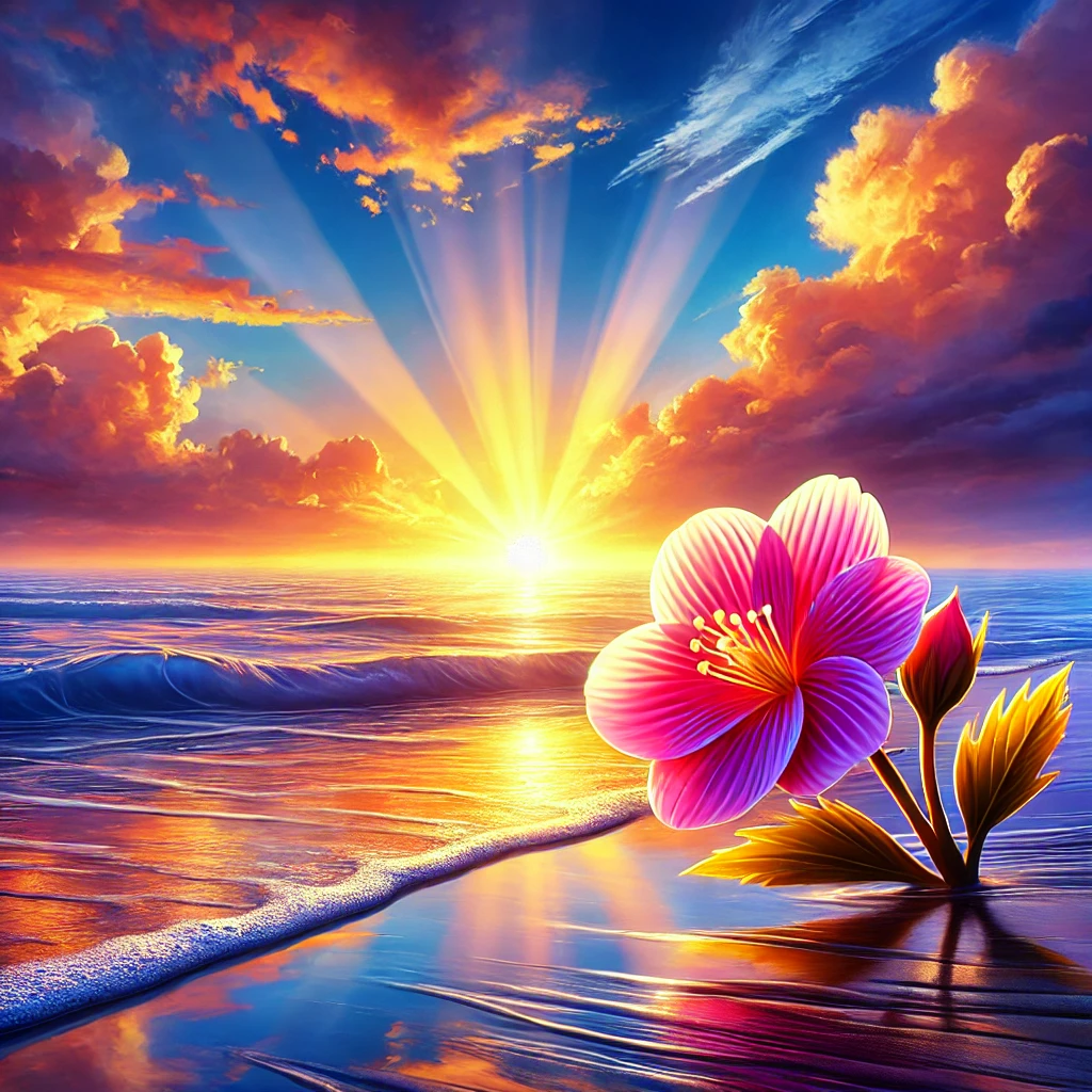 A vibrant image of a sunrise over a calm ocean, with the sky painted in warm hues of orange, pink, and yellow reflecting on the water. In the foreground, a single blooming flower grows from the sand, symbolizing hope, growth, and new beginnings. The scene is tranquil and inspiring.