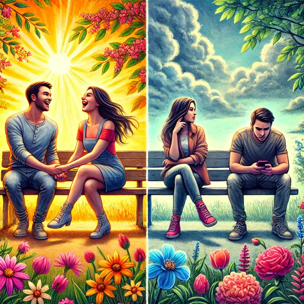 A comparison image of two couples. On the left, a healthy relationship shows a couple holding hands and laughing in a bright park surrounded by vivid flowers. On the right, a rebound relationship depicts a couple sitting apart, one on their phone while the other looks away, with muted tones and cloudy skies. The hand of the person on the right is now visible, resting on their lap, completing the scene