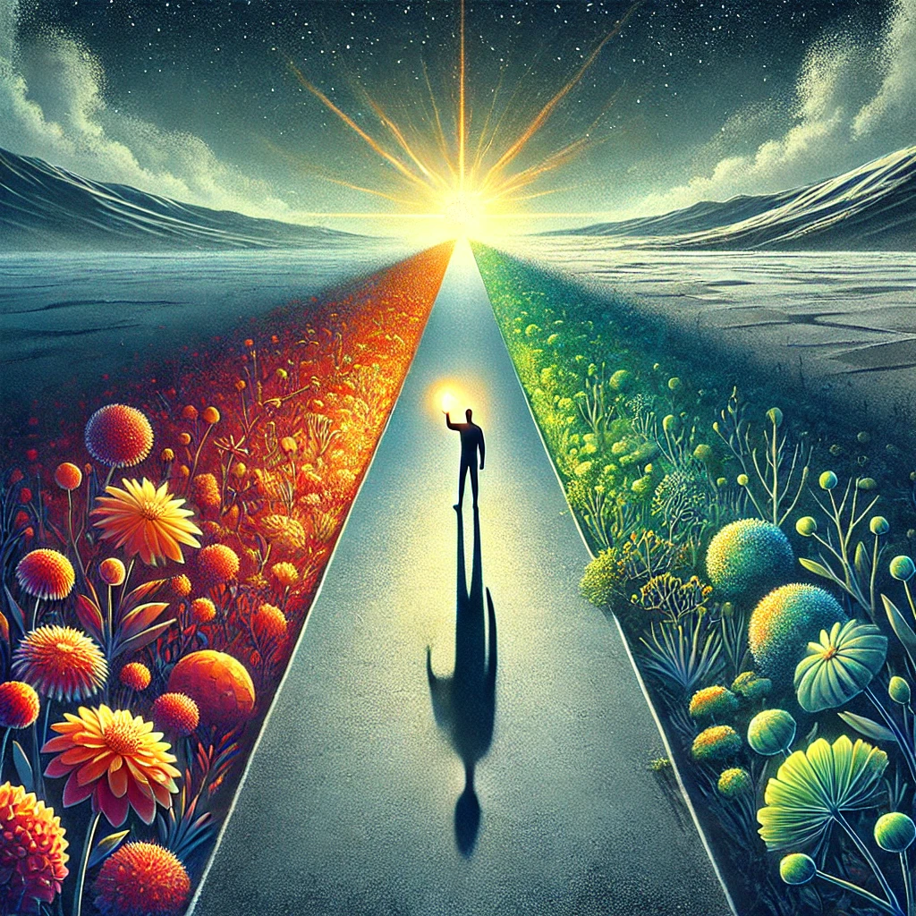 A symbolic image of a person walking alone on a long path, their shadow stretching behind them. One side of the path is bright with colorful flowers, while the other is barren and gray. The person carries a glowing light orb, bringing color and life to their surroundings, symbolizing the act of filling an emotional void.