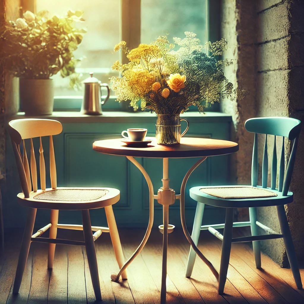 A vibrant café scene featuring two empty chairs at a small table. The table is set with a coffee cup and a vase of fresh flowers, with soft natural light illuminating the space, creating a cozy, reflective atmosphere.