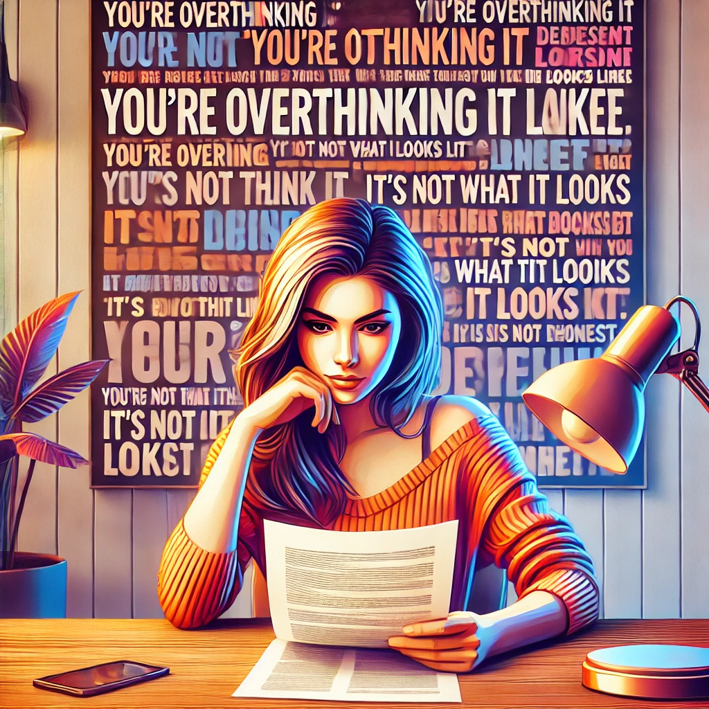 A woman sitting at a desk with a skeptical expression, reviewing a document or text message filled with phrases like 'You're overthinking it' and 'It's not what it looks like,' symbolizing traits of a dishonest person. The setting is cozy and modern, appealing to a feminine audience."
