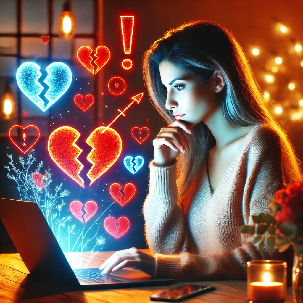 "A woman sitting in a cozy, modern setting, thoughtfully looking at her laptop with glowing red flags such as broken hearts and exclamation marks on the screen, symbolizing awareness of cheating and dishonesty in relationships and online interactions."