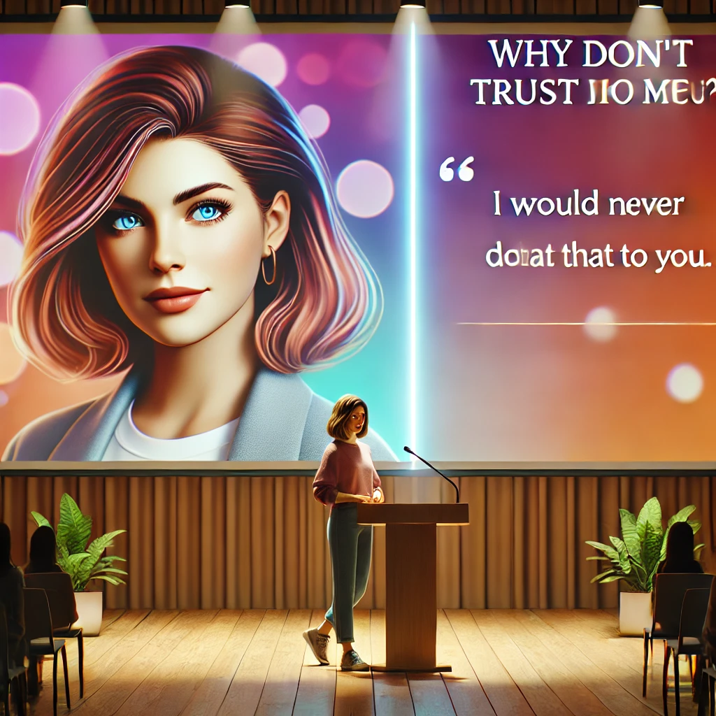 "A confident woman addressing an audience with a projector screen behind her displaying phrases like 'Why don’t you trust me?' and 'I would never do that to you,' symbolizing tactics used by cheaters. The setting is warm and modern, with a focus on relatability."