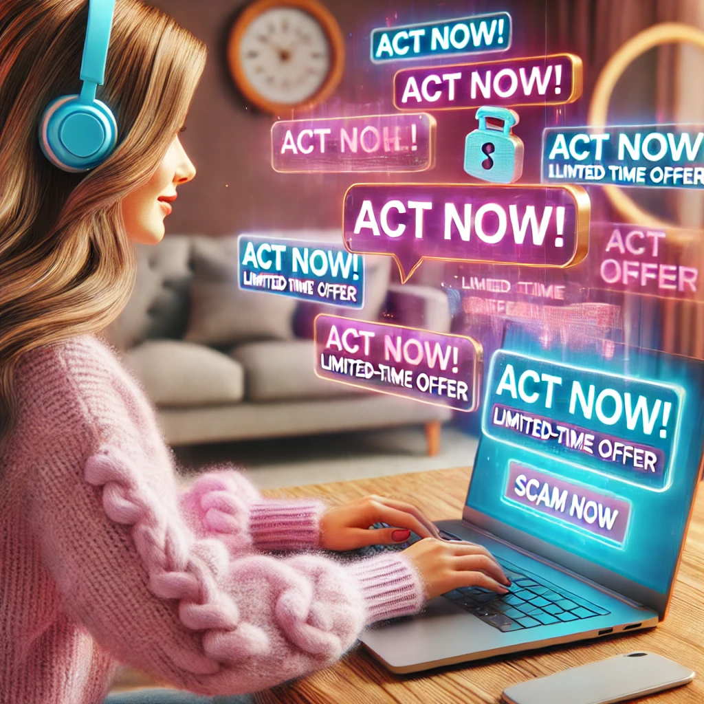 A woman on a video call with her laptop, surrounded by scam-related text bubbles like 'Act now!' and 'Limited-time offer,' subtly appearing in the background. The setting is modern and cozy, appealing to a feminine audience."